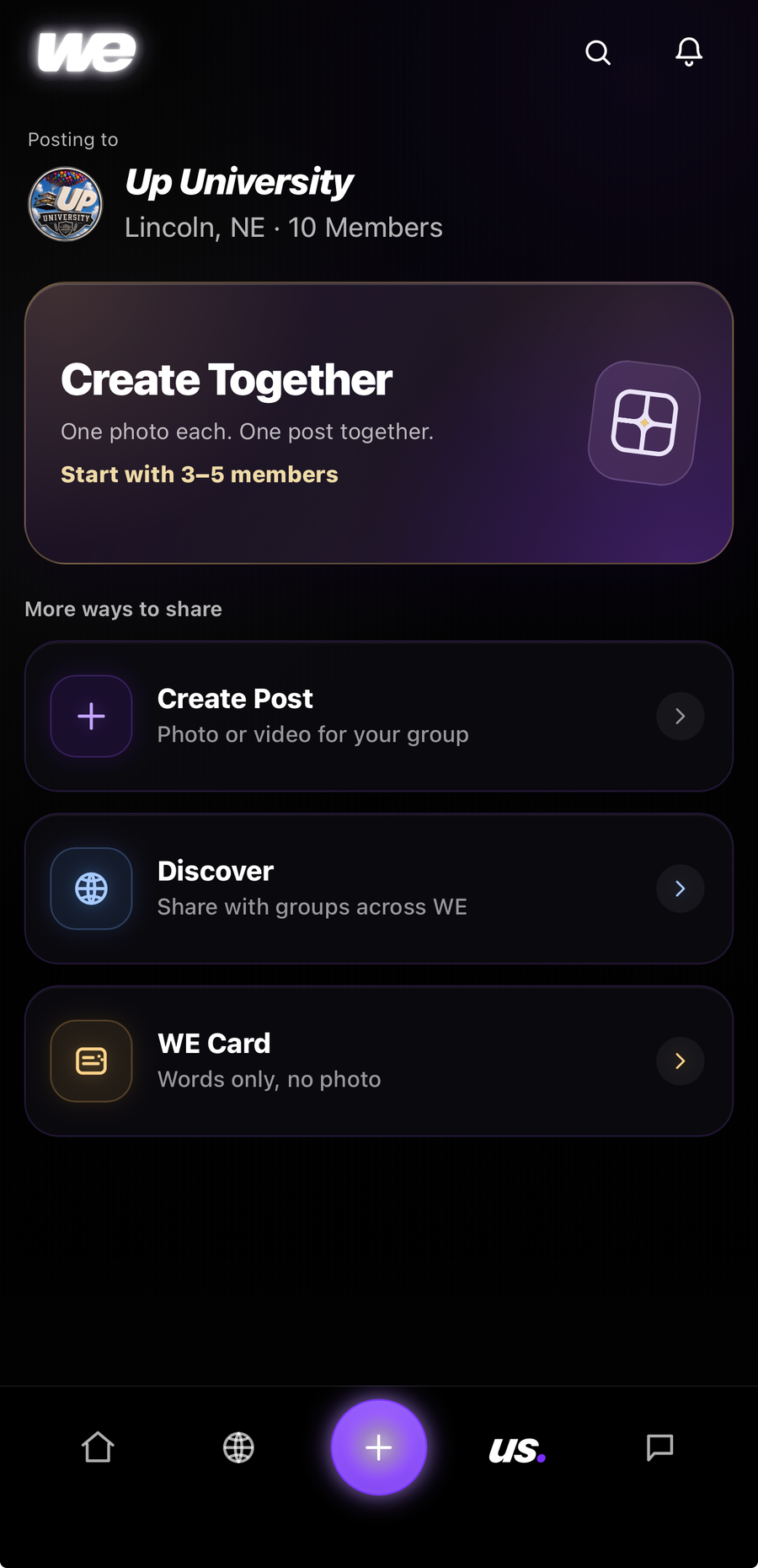 The Create tab, led by Create Together: one photo each, one post together, start with 3 to 5 members