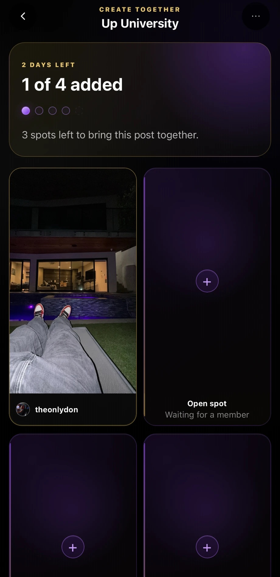A Create Together post in progress: 1 of 4 added, with open spots waiting for members