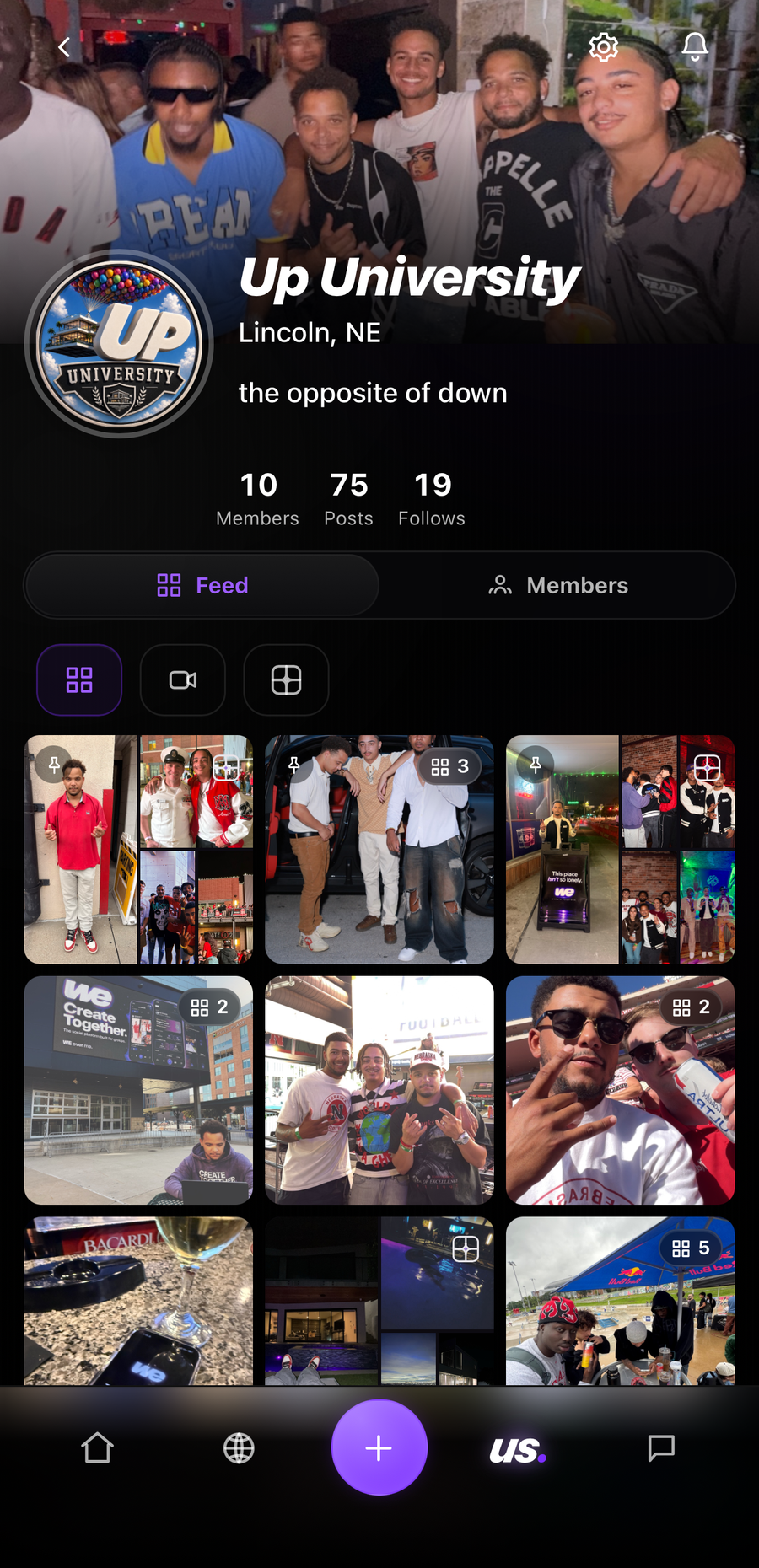 Us: the group's shared profile with its name, members and posts