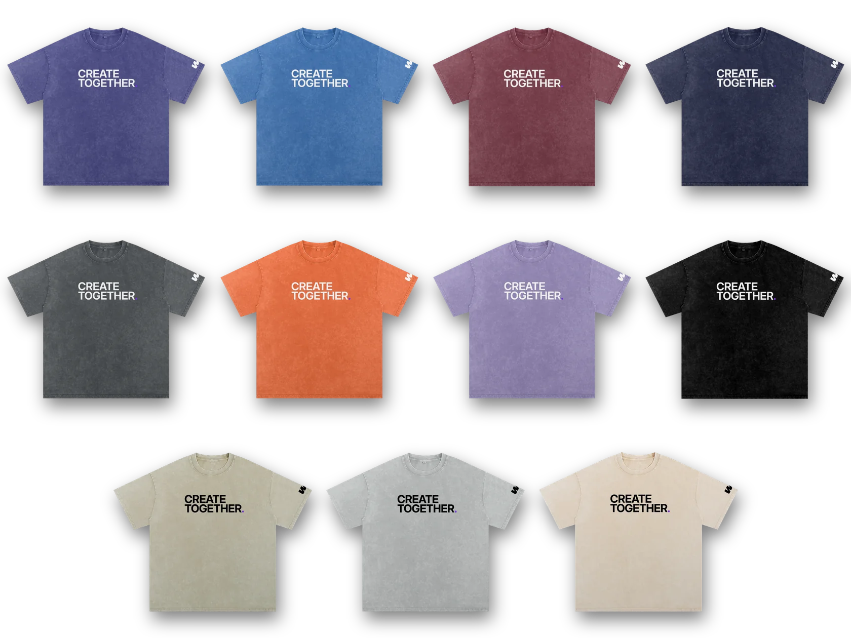 The Create Together Washed Tee laid out in eleven colors