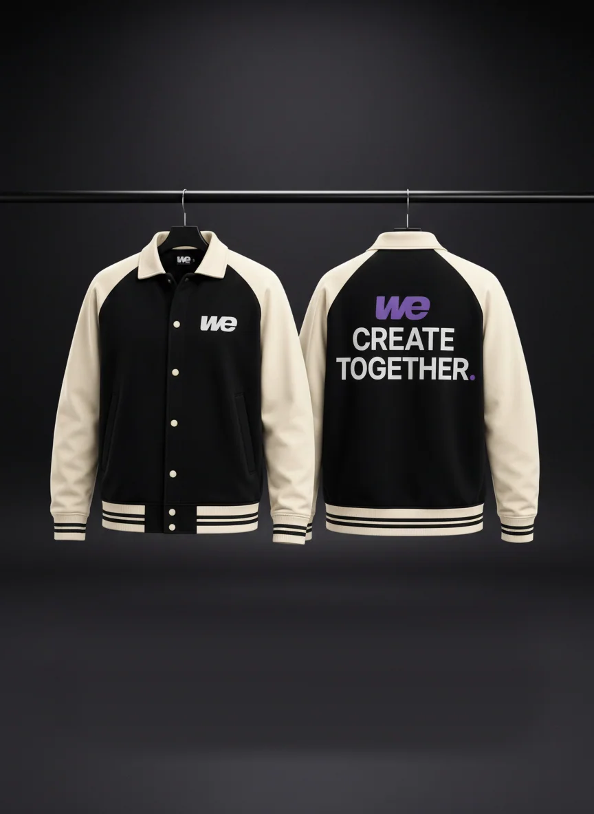 Together Varsity in Black Crest, front and back: black body, cream sleeves, WE on the chest and WE Create Together across the back